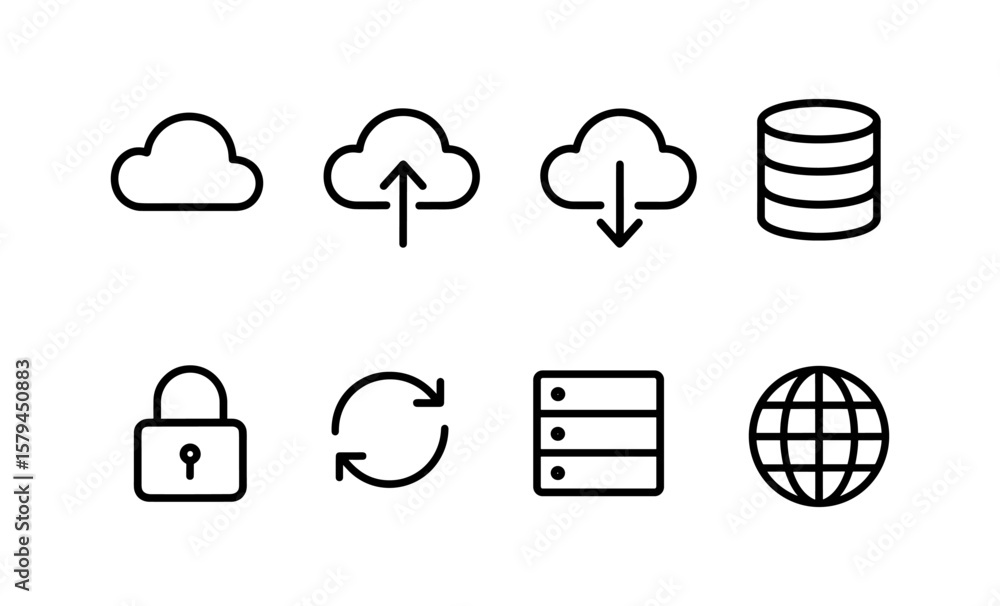 Poster cloud technology and data security icons set in minimalist style