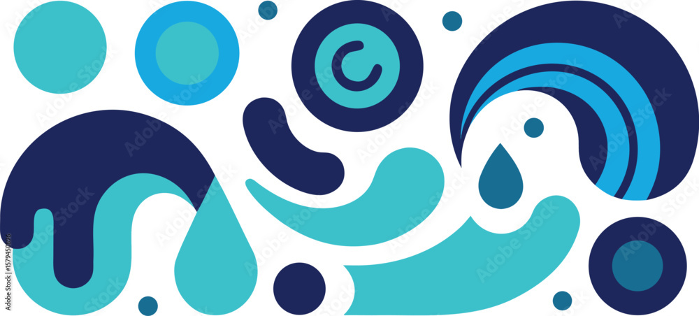 Poster vector art of abstract blue and teal fluid shapes and circles create a dynamic modern design.