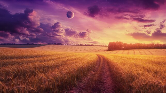 Surreal Wheat Field Under a Purple Sky with a Distant Moon and Stars
