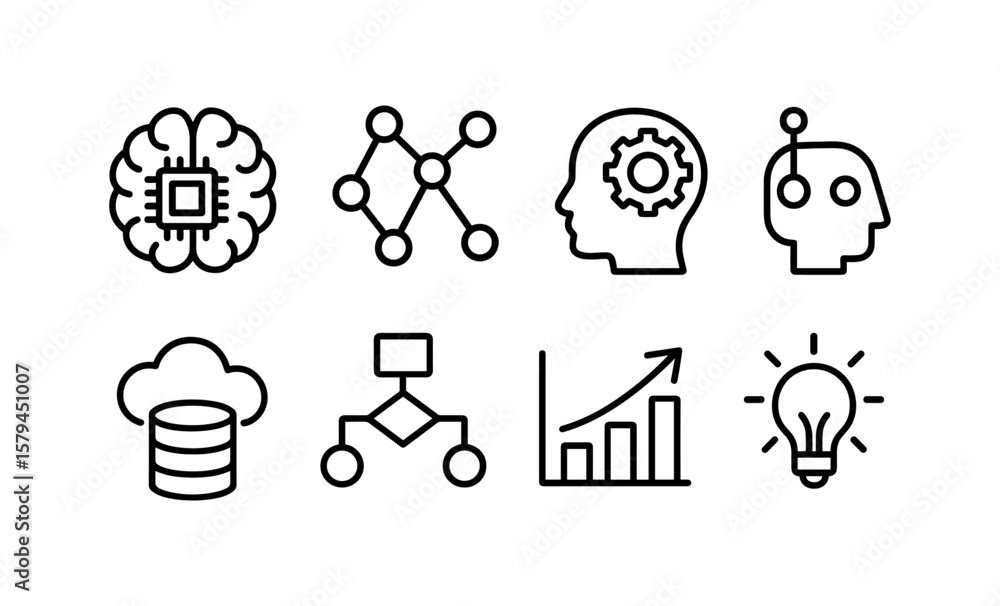 Poster linear icons of ai, cloud computing, and data analysis in technology