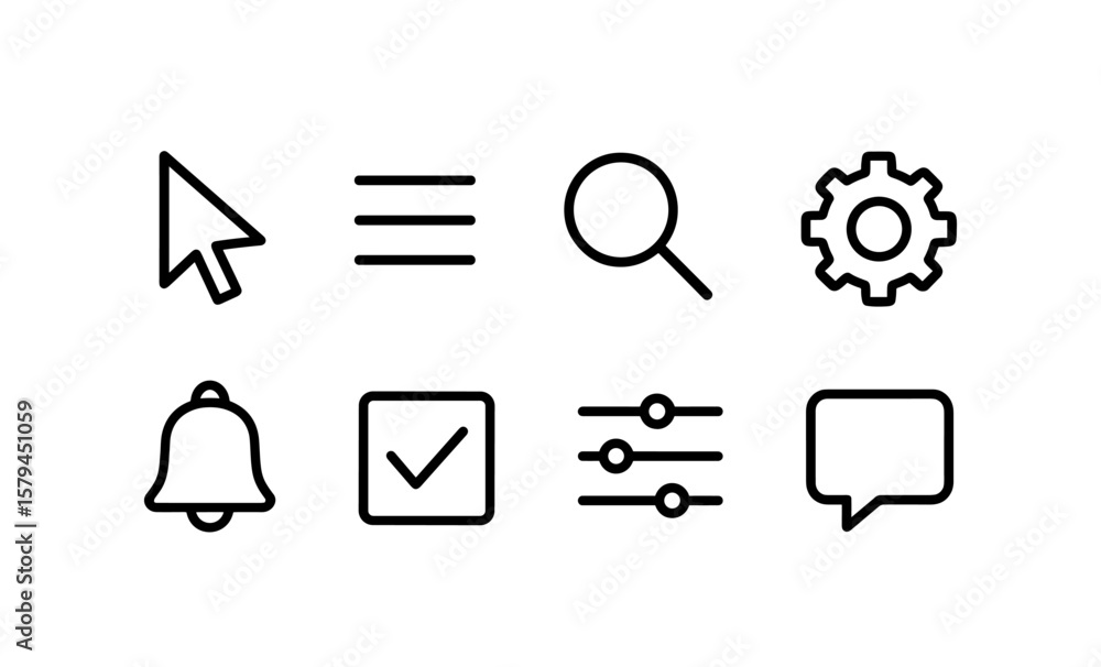 Poster minimalist interface icons set featuring essential user interface elements