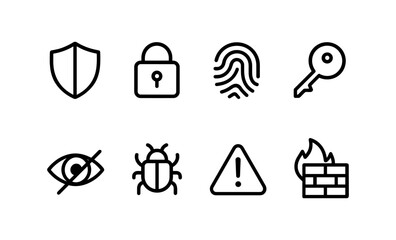 Cybersecurity icons: shield, lock, fingerprint, key, and more in linear design