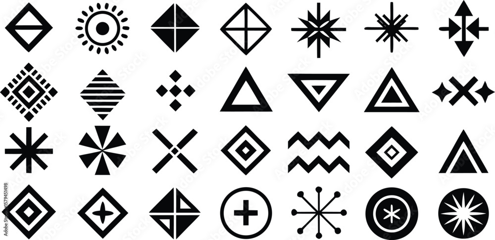 Aufkleber vector art of a diverse collection of geometric shapes and symbols arranged in a grid.