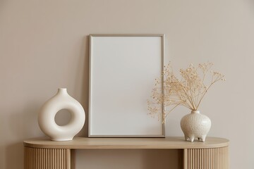 A minimalist composition featuring a round white vase and dried branches in a vase on a wooden table with a blank frame