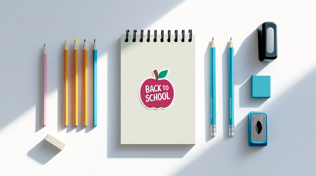 Minimal flat lay of school supplies on white background with "Back to School" sticker — clean composition symbolizing the start of the academic year