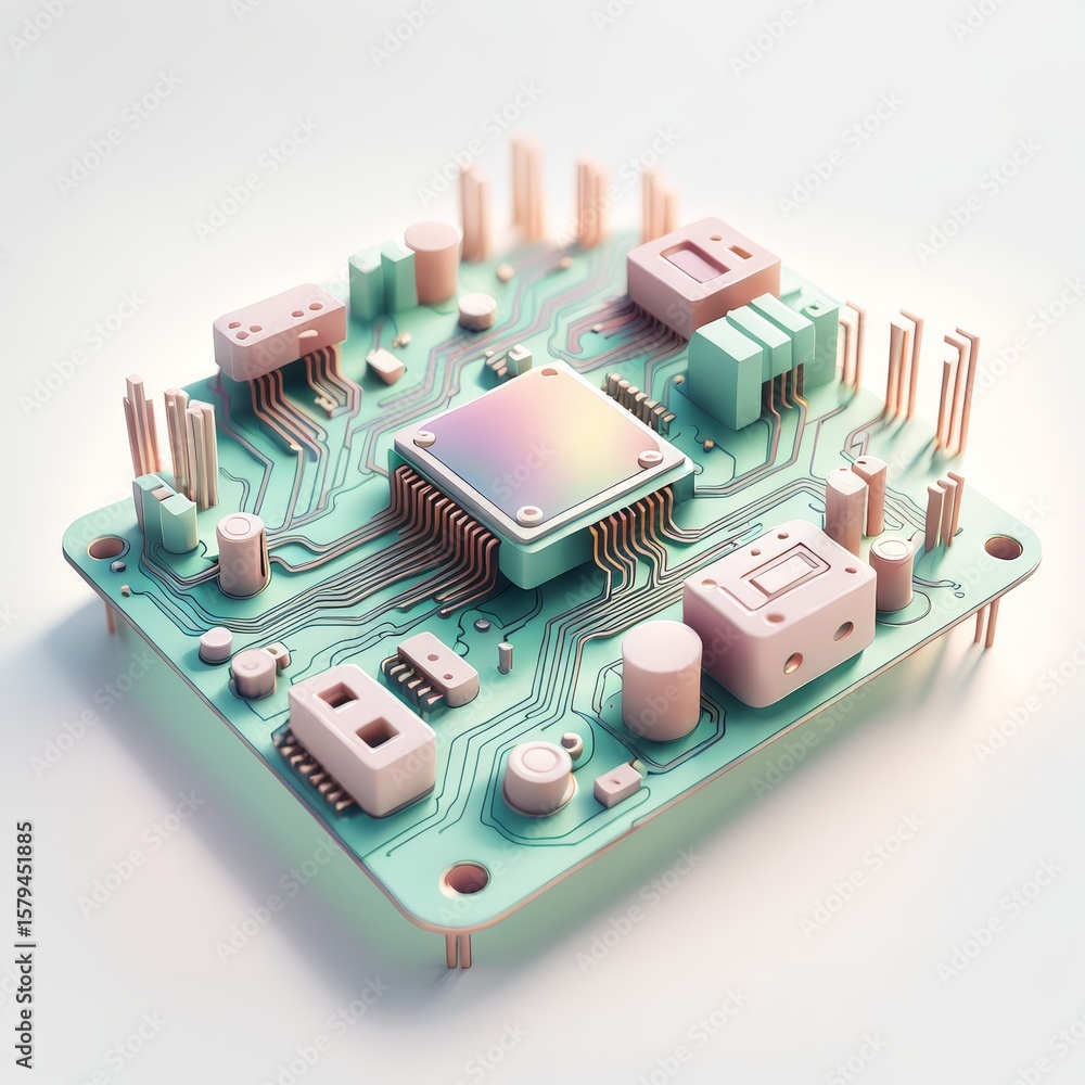 Poster circuit board with microchip. 3d illustration, computer chip.