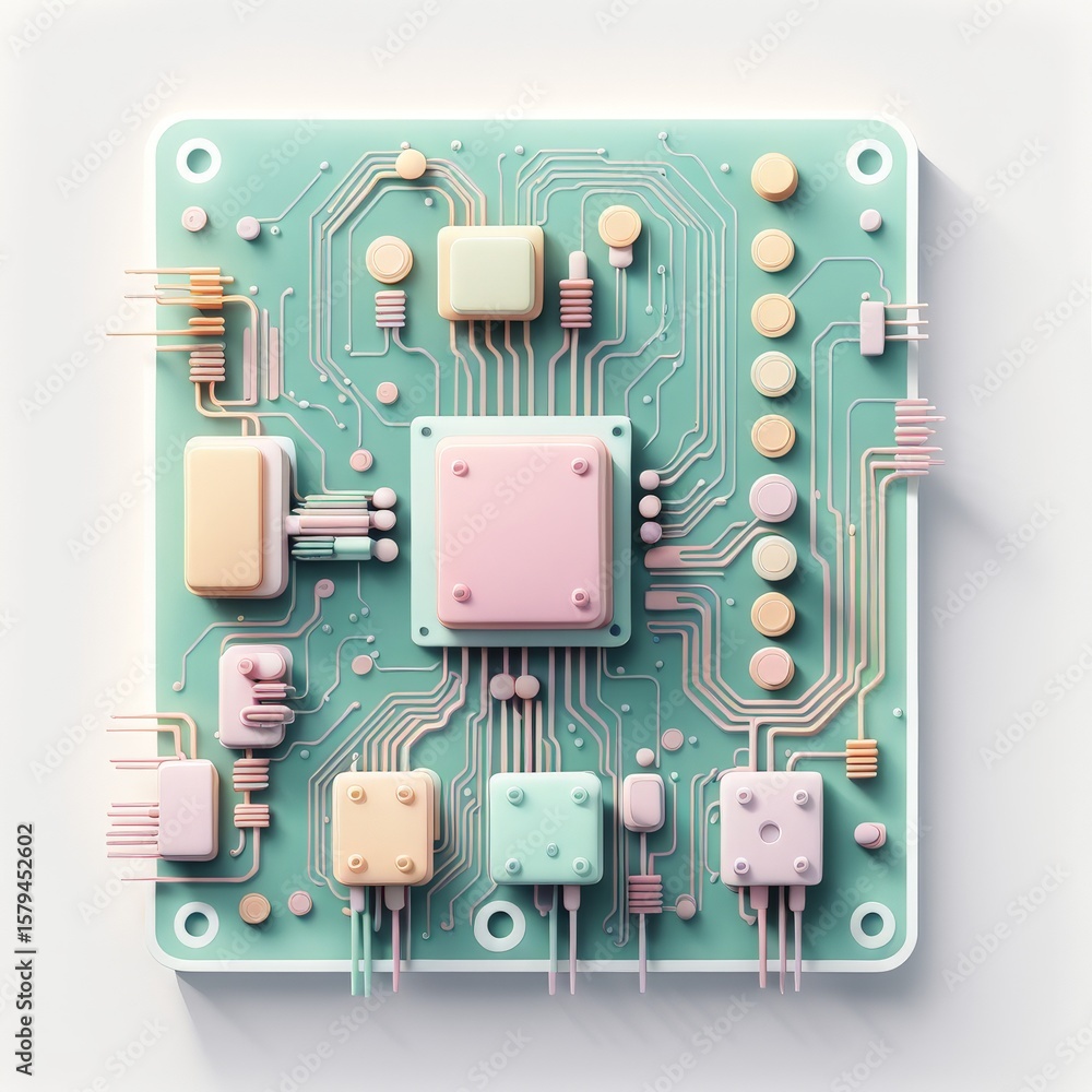 Poster computer circuit board with microcircuits. 3d illustration, motherboard, chip, processor. technology