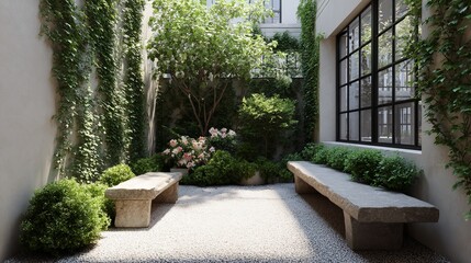 Obraz premium Serene courtyard garden with lush greenery and stone benches, creating a tranquil outdoor retreat.