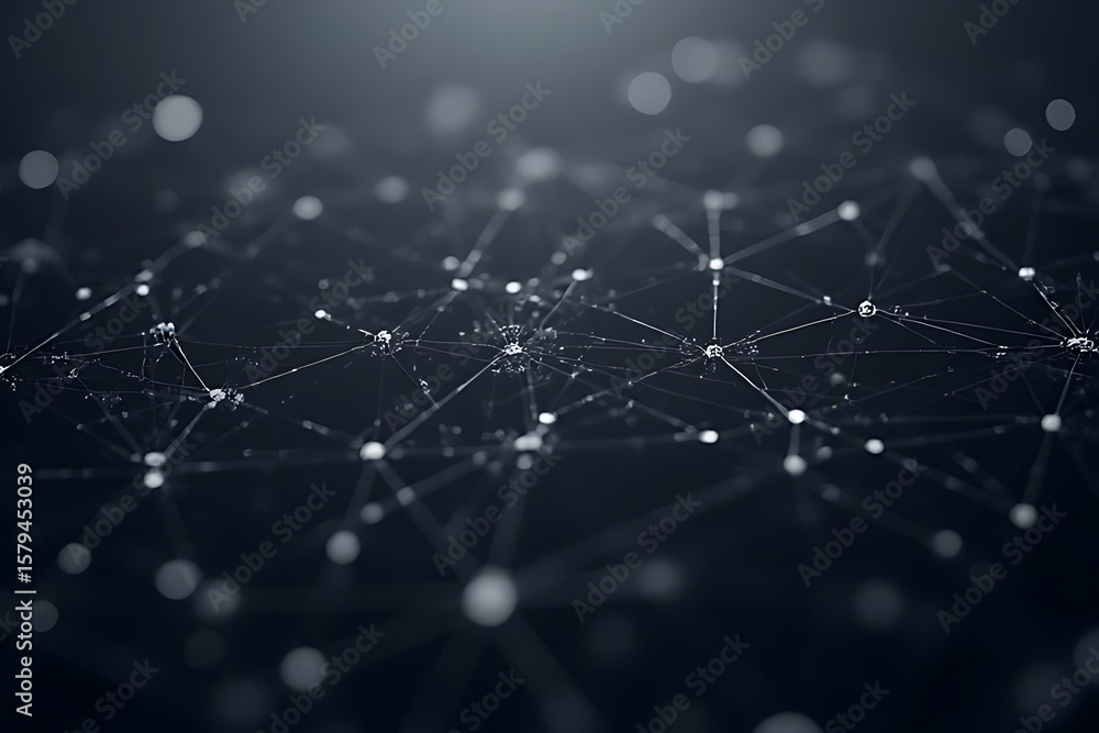 Aufkleber abstract network of interconnected nodes with lines and blurred bokeh effect on a dark blue backgrou