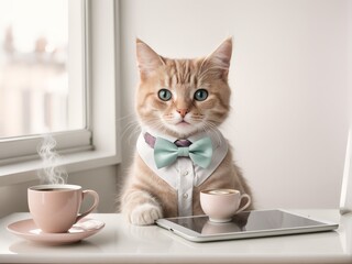funny cat drinking tea in cup at home