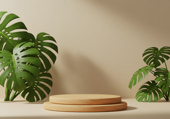 A natural wooden podium with monstera leaves creates a tropical and inviting display for products
