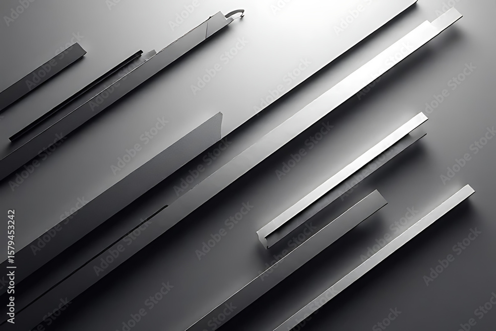 Poster angled metallic bars in varying sizes and shades of gray on a smooth gray background with subtle lig