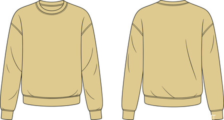 Beige crewneck sweatshirt front and back view, fashion flat vector, apparel CAD drawing, clothing mockup template, design illustration