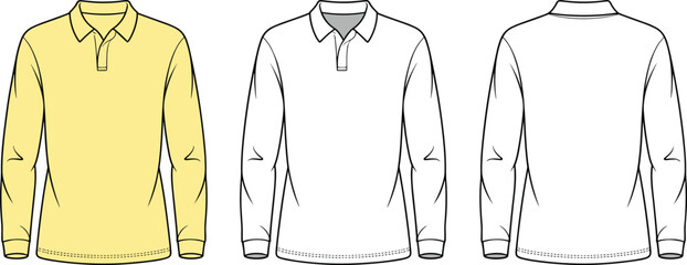 Cad Drawing Flat Vector Illustration, Long Sleeve Polo Shirt Fashion Template, Technical Apparel Sketch, Clothing Design Blueprint, Front and Back View