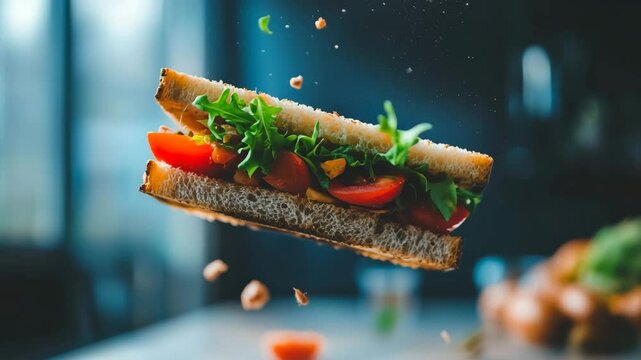 Fresh sandwich with tomato, green lettuce, and bread crumbs floating in slow motion, showcasing healthy vegetable ingredients and vibrant colors in appetizing food scene for fresh and nutritious meal
