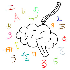 Hand-drawn Brain with pencil and different languages alphabets