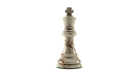 Isolated marble chess king piece with visible cracks against a stark black background in a studio shot