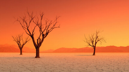 Three bare trees stand on cracked earth under a vibrant orange and yellow sky at sunset time