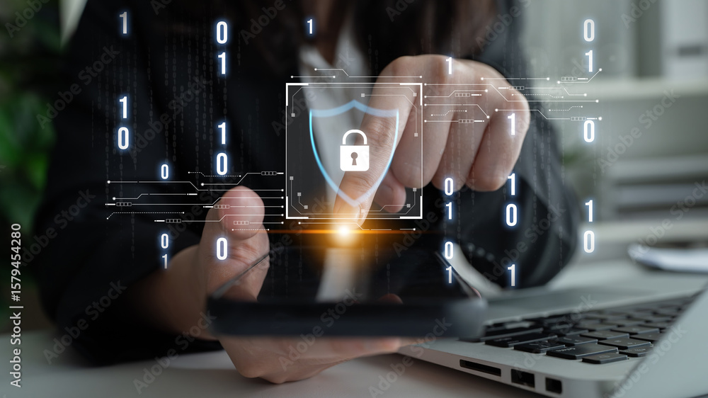 Poster cyber security protects against breaches, hacks, and network attacks using strong infrastructure and