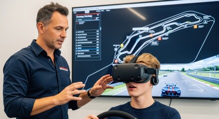 Caucasian man coaching young man in VR race simulator. Virtual reality driving training for aspiring race car drivers.