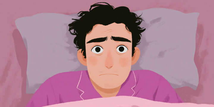 Stressbedingte Einschlafprobleme und chronische Schlafprobleme: Der Mann leidet unter Durchschlafproblemen, Schlafmangel und psychischer Ersch&ouml;pfung &ndash; typische Anzeichen von Burnout oder Insomnie.