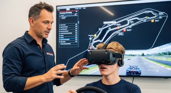 Caucasian man coaching young man in VR race simulator. Virtual reality driving training for aspiring race car drivers.