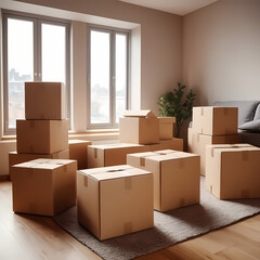 Cardboard boxes in a cozy room symbolize anticipation and discovery.  