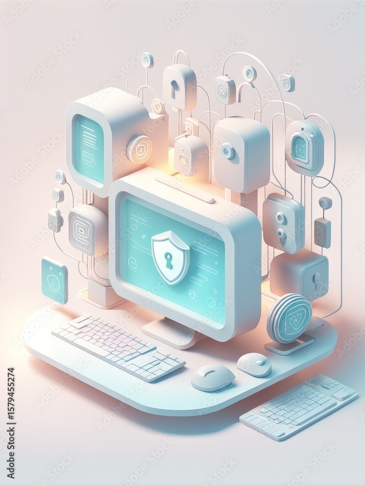Poster 3d image of a laptop with lock on computer screen. concept protection and security.