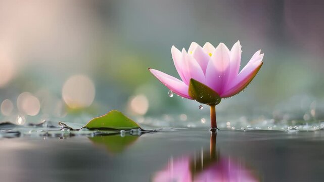 Pink lotus flower bloom with green leaf floating on calm water surface, aquatic petal reflection, soft bokeh nature background, serene peaceful scene with natural light and dew drops