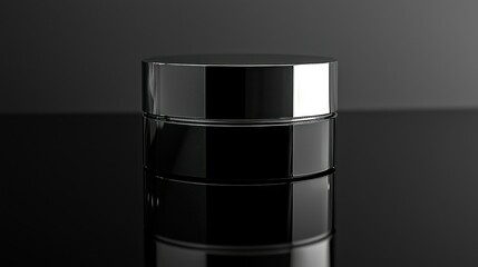 Sleek, dark cosmetic jar, polished chrome lid