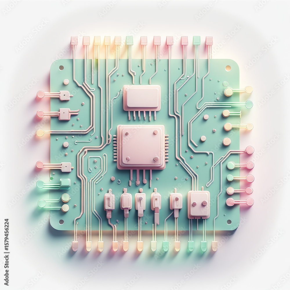 Poster circuit board with processor. computer technology. 3d illustration.
