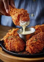 Close-up of crispy fried chicken drumstick dipped in creamy white sauce, held by hand, surrounded by golden fried pieces on a rustic plate, perfect food photography, savory, appetizing, gourmet.
