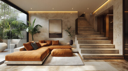 Art Deco Basement Interior Featuring Warm Earthy Tones