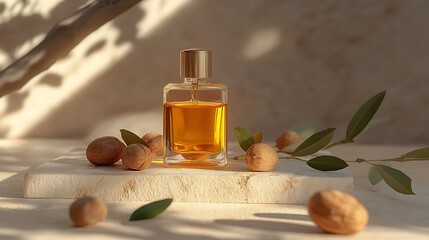 Argan oil in luxury glass bottle with argan nuts and leaves