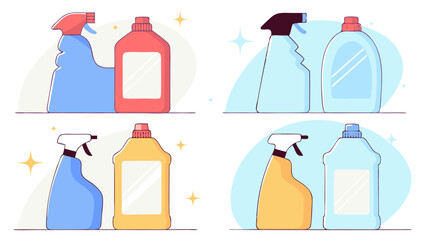 Vector illustration of various cleaning product bottles arranged in a grid for commercial and household use