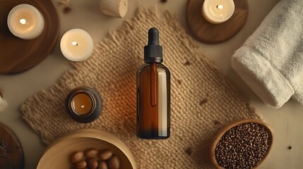 Flat lay of argan oil bottle with spa elements, candles, towel and warm neutral background