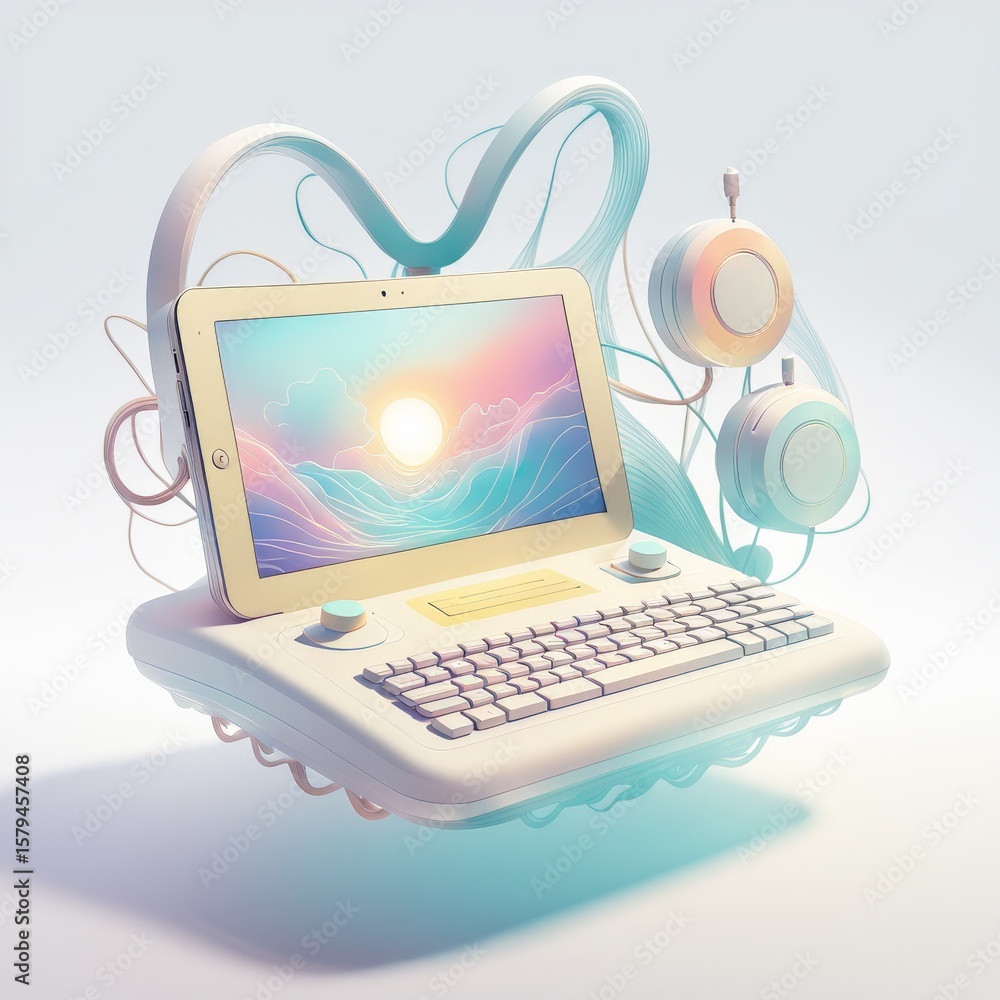 Poster 3d image of laptop and headphones with a notebook, computer keyboard mouse on yellow background