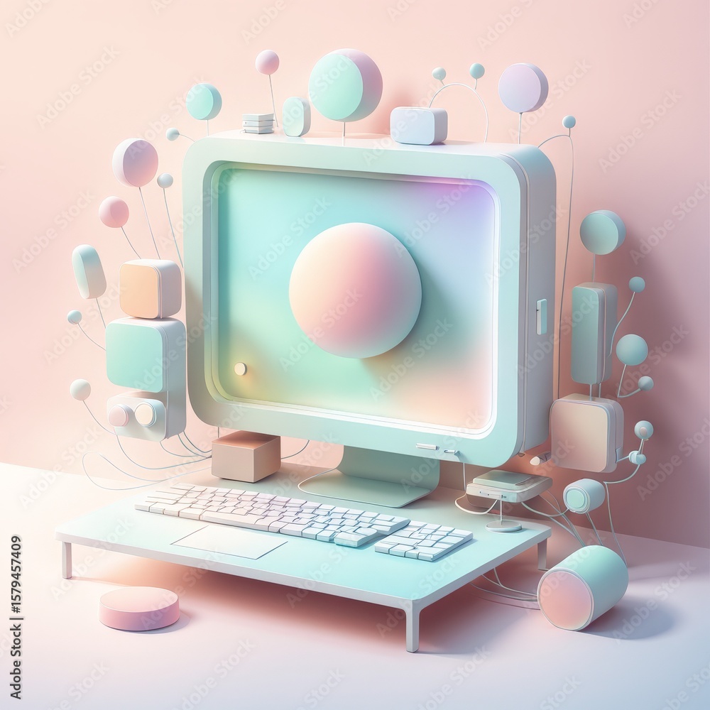 Poster 3d image of a computer keyboard, mouse, mouse on pink background with