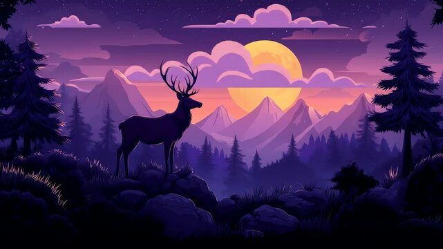 Deer stands silhouetted against a full moon mountains and starry night sky in a stylized landscape