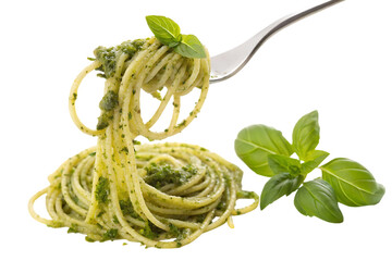 Spaghetti with green pesto, decorated with basil leaves, on a fork, on AI Generated by PNG