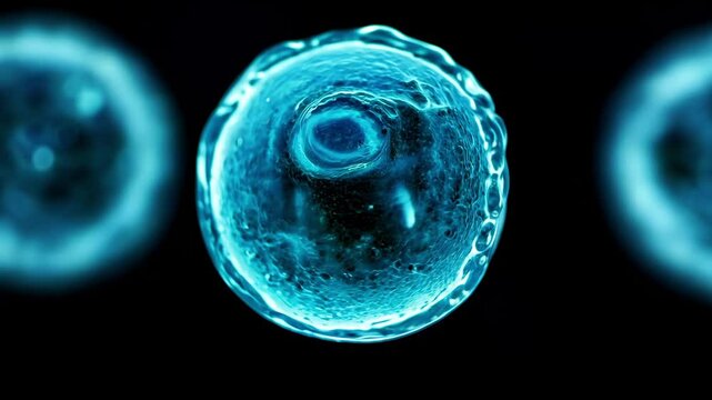 A glowing, digital illustration of a single biological cell is shown in vivid blue against a black background.