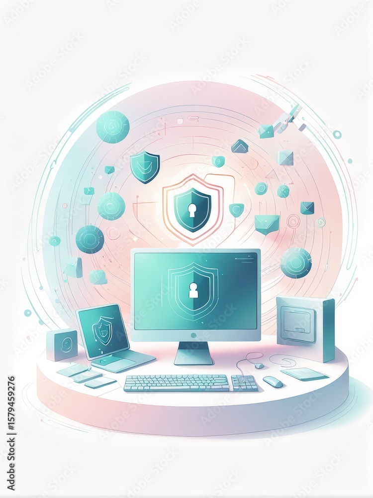 Poster vector illustration of a computer network with lock