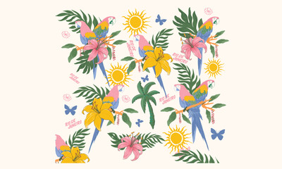 Tropical bird with flower pattern graphic print design. Tropical paradise. Macaw paradise artwork. 