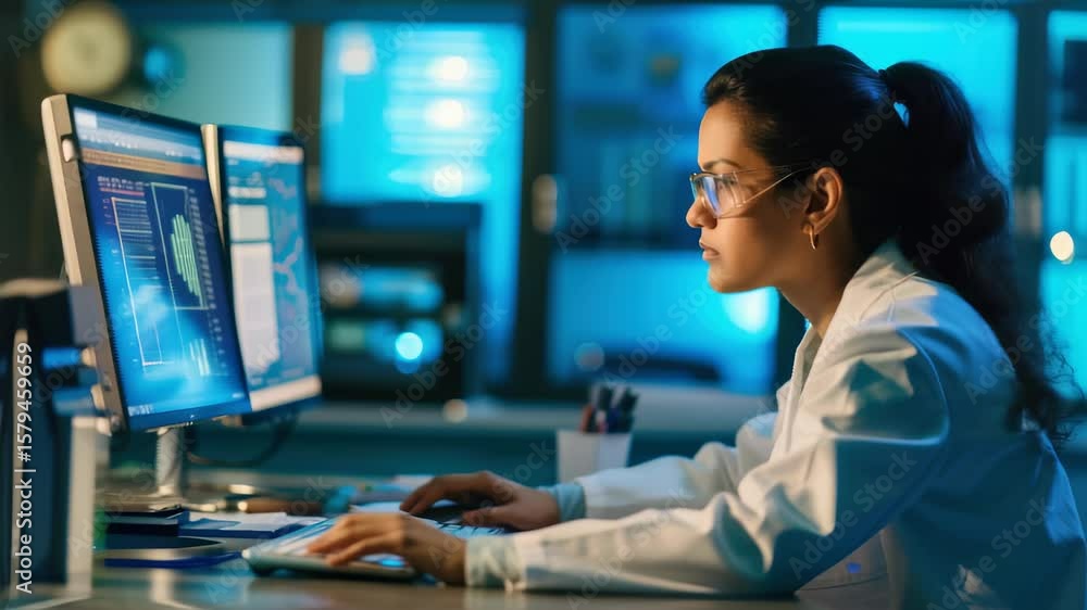Poster female scientist wearing a lab coat and glasses working on dual computer screens displaying graphs a