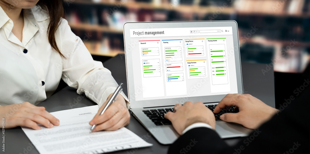 Poster project planning software for brisk business project management on the computer screen showing timel