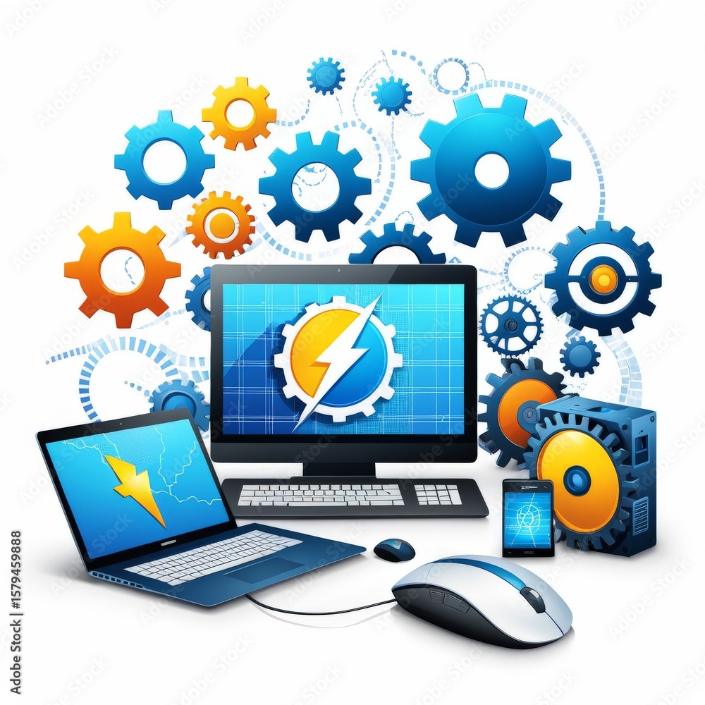 Poster 3d computer mouse and gear icons over white background - image