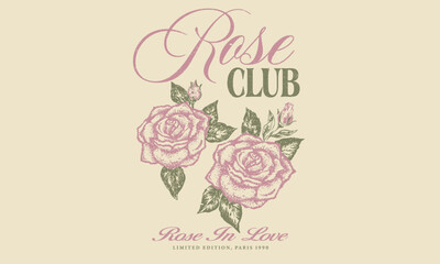 Rose tattoo design. Rose flower with heart. Rose club print design for apparel, stickers, posters and background. Vintage floral print vector artwork for t shirt and others.