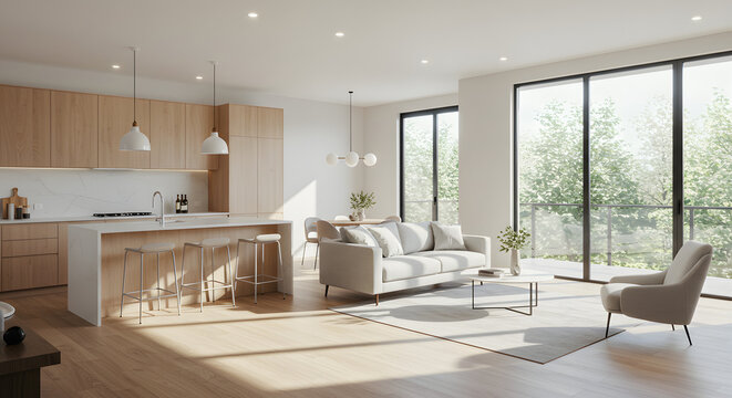 A modern openplan living, dining, and kitchen area with stylish furniture and natural light