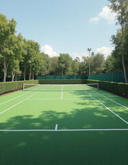 Invigorating Tennis Court View Green Surface and Crisp White Lines Under Blue Sky