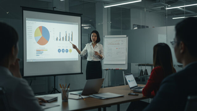 Dynamic Asian businesswoman presenting key financial data and strategic insights on projector screen to team during important meeting.